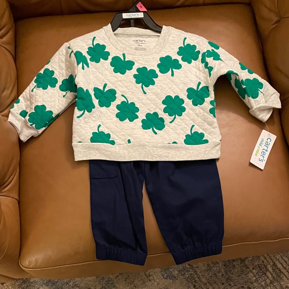 Carter's Green Shamrock Sweatshirt and Navy Pants Set
